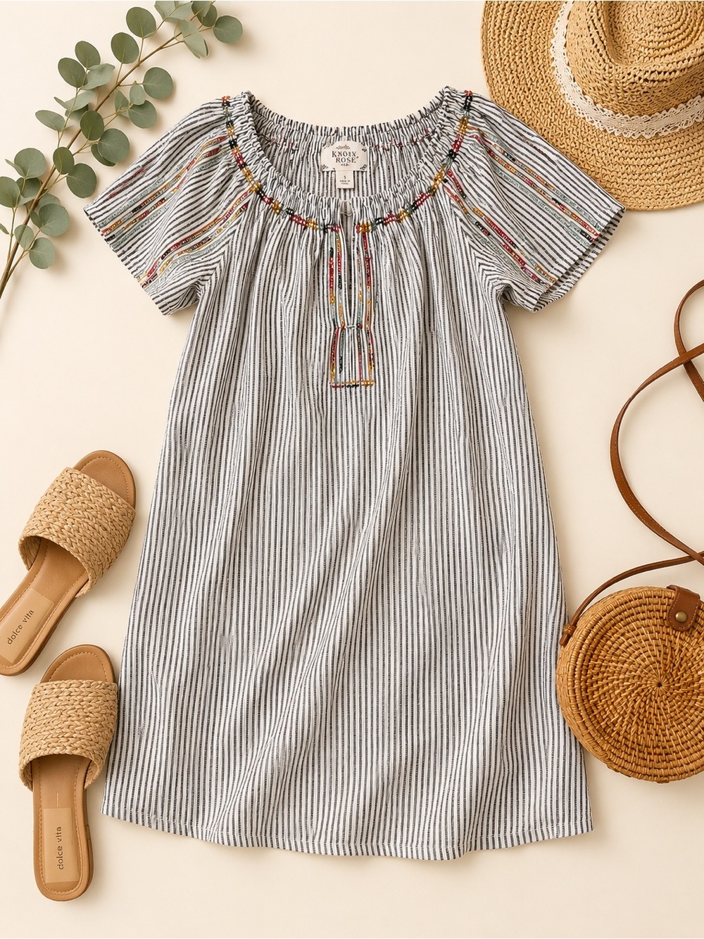 Knox Rose Linen Blend Striped Embroidered Mini Dress Small Boho
